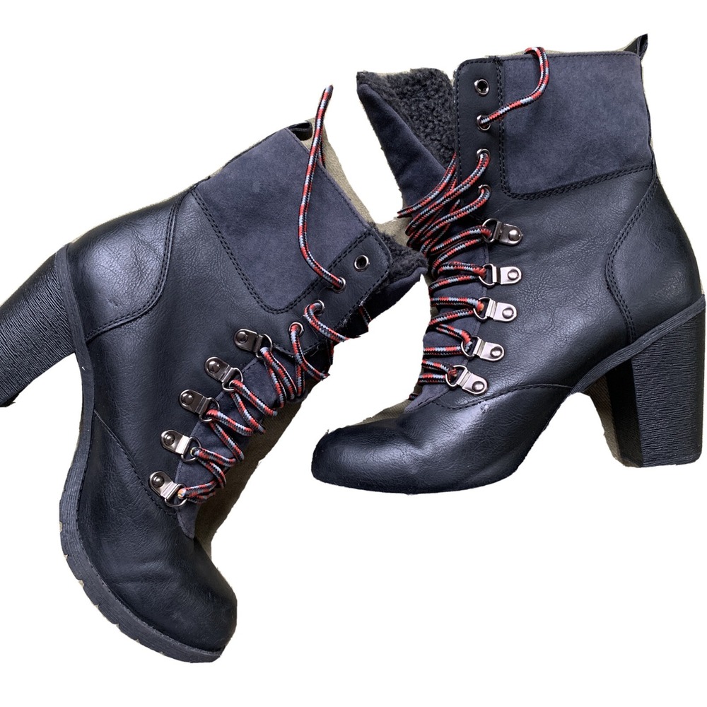 Report Iryna Women Black Faux Leather Fur Lined Lace Up Heel Boots Sz 6